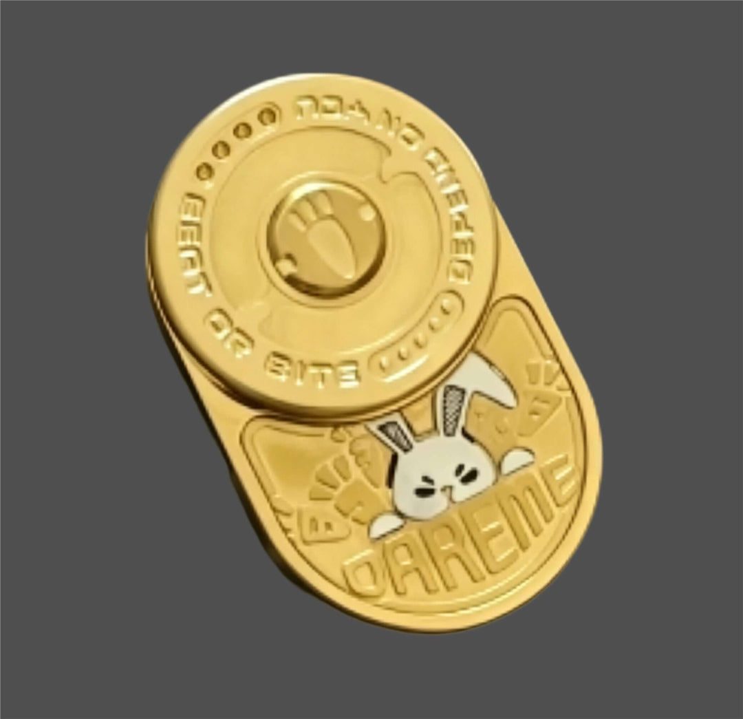 Angry Bunny Push Card in gold, a stainless steel EDC fidget slider with playful design and tactile feedback.